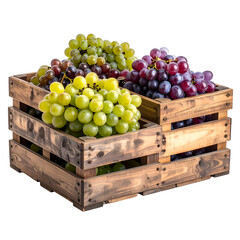 Rustic wooden crates overflowing with ripe green, red, and purple grapes