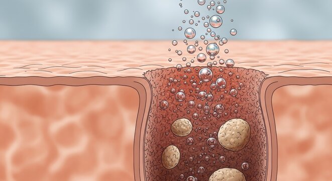 Bubbles effervesce inside a clogged skin pore during a dermatological treatment process