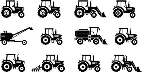 black and white silhouettes of various tractors and farming equipment on white background