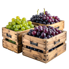 Three wooden crates overflowing with green, purple and red grapes on a transparent background