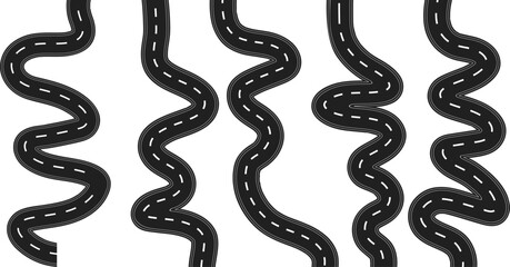 Obraz premium Multiple wavy road segments in a row, showcasing diverse curves and bends for creating dynamic road layouts and journey visualizations.