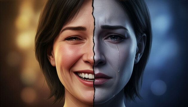 Split face shows two emotions in contrast, capturing joy and sadness side by side in a unique portrait of human experience