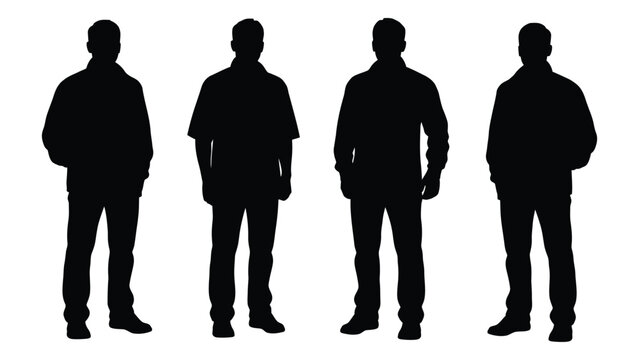 Four silhouetted men standing in a row facing forward against a white background