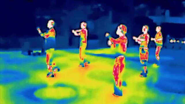 Female athletes learn to dance and perform exercises on an outdoor playground.. Image from thermal imager device.