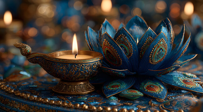 divine brass oil lamp and blue lotus flower with peacock feathers artistic background for lord murugan devotee during thaipusam festival spiritual prayer concept