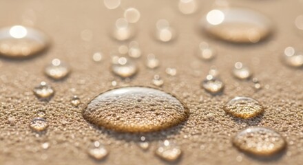 Numerous water droplets bead on a textured, light brown surface under bright illumination.