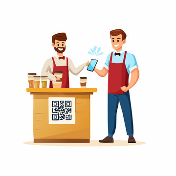 A barista and customer exchanging a mobile phone for a transaction at a coffee counter with a QR code.