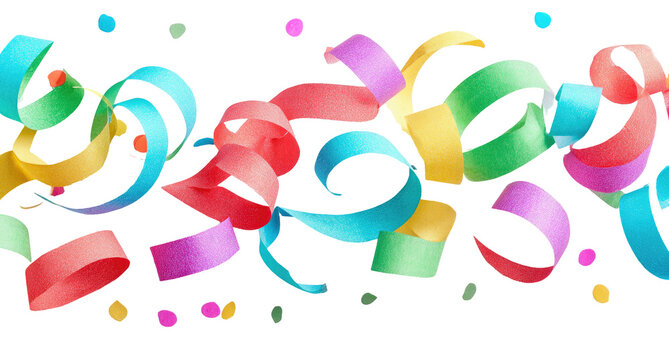 Colorful ribbons and confetti on black background