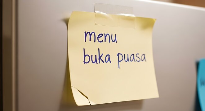 Yellow sticky note with menu buka puasa written on a fridge.