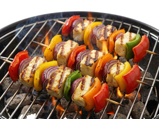 Delicious grilled vegetable skewers sizzling on the barbecue, perfect for outdoor dining.