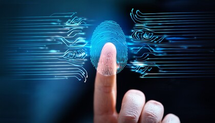 digital fingerprint a close up shot of a finger touching a digital fingerprint graphic representing concepts of security identity and access