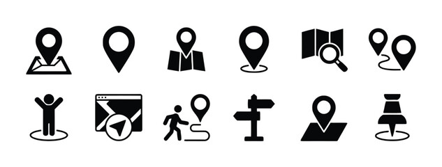 Location pin icons set in black isolated on white, representing navigation and map markers, travel and geographic symbols © MuslimaHijabimodes