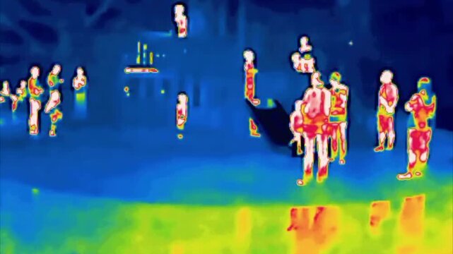 Children and adults on the playground. Image from thermal imager device.