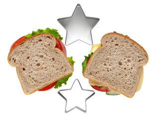 Two slices of sandwich with fresh ingredients and star-shaped cookie cutters.