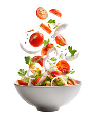 Fresh salad ingredients in a bowl, with vibrant vegetables flying high