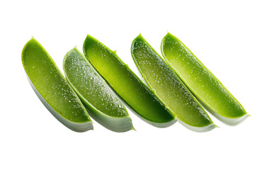 Four aloe vera slices, vibrant green, glistening with a frosty texture, arranged in a diagonal pattern against a black background