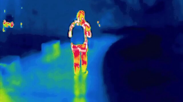 trail in park with walking people. Image from thermal imager device.