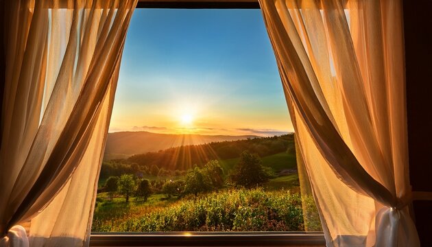 sunrise through window warm sunlight streams through a window illuminating delicate curtains and creating a serene view of a landscape beyond