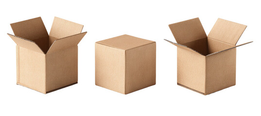 Three light beige cardboard boxes, open and closed