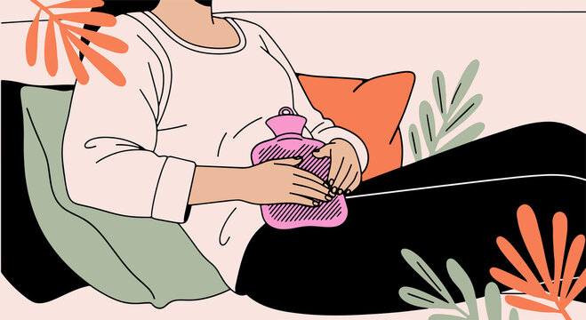 Woman with hot water bag experiencing period cramps 