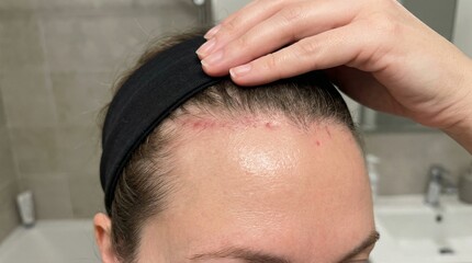 Obraz premium Woman showing irritated skin near hairline with a headband in bathroom 