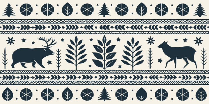 Winter forest animals in festive pattern with bear and deer