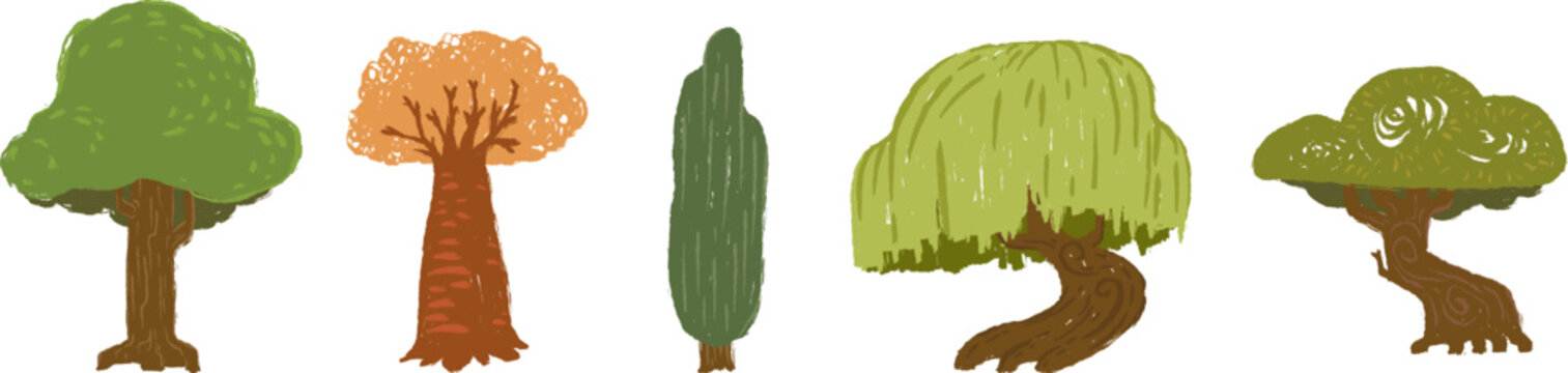 Garden or wild forest trees in hand drawn cartoon doodle style made from pencil, marker or chalk crayon. Set scribble vector illustration background for children book.