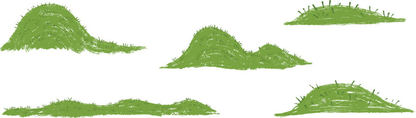 Green hill nature landscape field or island in hand drawn cartoon doodle style made from pencil, marker or chalk crayon. Set scribble vector illustration background for children book. © vvvisual