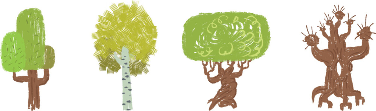 Garden or wild forest trees in hand drawn cartoon doodle style made from pencil, marker or chalk crayon. Set scribble vector illustration background for children book.