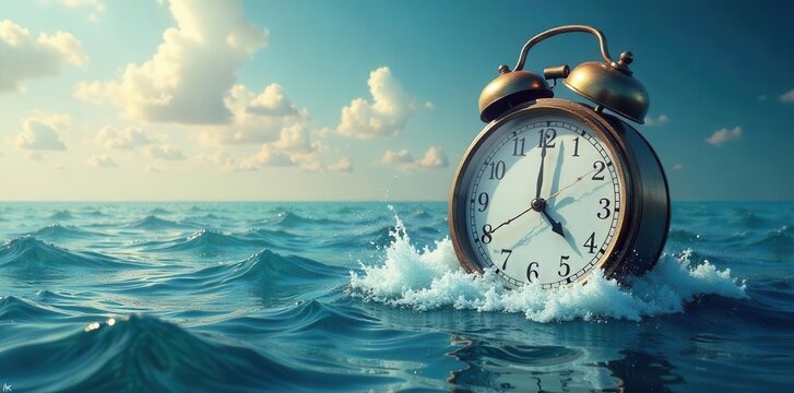 Surreal conceptual art illustration of a clock melting into the ocean, representing the passage of time and impermanence , water, creativity