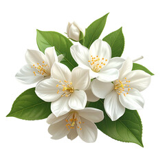 Bouquet of white flowers with yellow centers and green leaves, against black backdrop