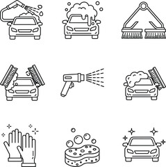 Professional black line vector icons for car wash services automobile detailing and vehicle maintenance।