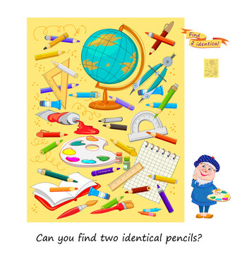 Can you find two identical pencils? Logic puzzle for children and adults. Game Seek and Find. Page for kids brain teaser book. Task for the most attentive. IQ test. Hand drawn vector illustration.