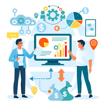 Two people discussing business trends while looking at screen. They showing graphs and charts. Tools and icons surrounding them. Analytics and decision making concept