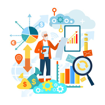 Person standing among various business symbols and graphics. Charts, graphs, money, and tools surrounding him. Man focused while holding clipboard and noting information on document