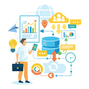 Man standing holding tablet while looking at various graphics and icons. Charts, clouds, and data symbols surrounding him. Data analysis and technology concept