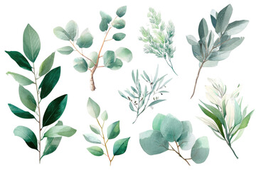 A collection of stylized, vibrant green and grey leaves and branches