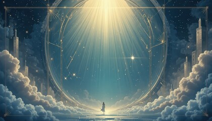 Woman standing at the edge of a mystical portal with bright light and cityscape in clouds