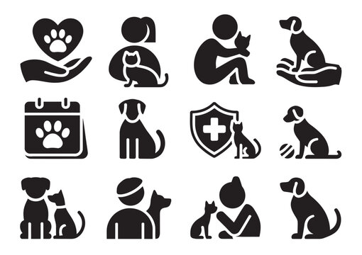 Pet care icons, veterinary services, animal health symbols, solid black vector icon set, pets grooming feeding training illustration