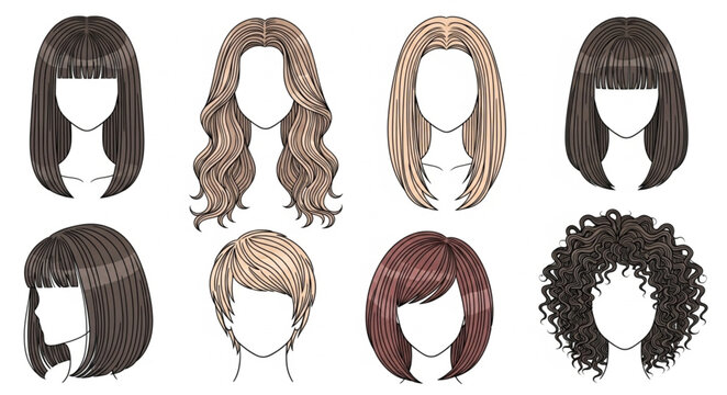 Collection of diverse hairstyles for women shown on mannequin heads.