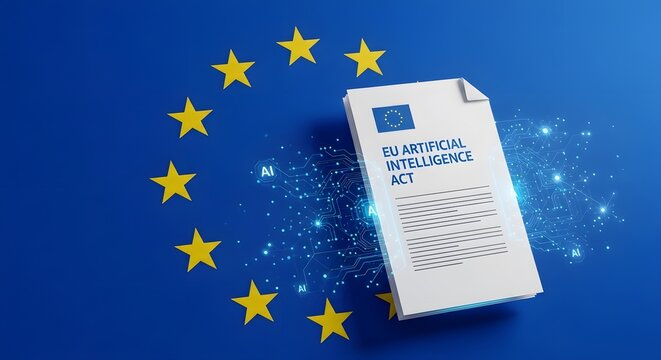 The EU Artificial Intelligence Act document on the European Union flag. Concept of new AI regulation, governance, and legal frameworks in Europe