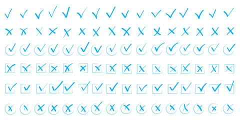 Check tick mark icon set. Cross box x check mark checkbox list vector draw hand drawn sketch doodle brush marker checklist symbol wrong right circle. hand drawn, grunge X sign. hand drawn tick © Top