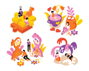 Mental health mini compositions in isometric illustration