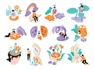 Mental health original elements set in isometric illustration