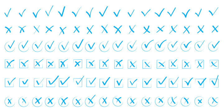 Check tick mark icon set. Cross box x check mark checkbox list vector draw hand drawn sketch doodle brush marker checklist symbol wrong right circle. hand drawn, grunge X sign. hand drawn tick
