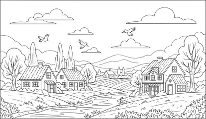Obraz premium Charming Countryside Village Landscape Coloring Page with Small Houses and Winding River