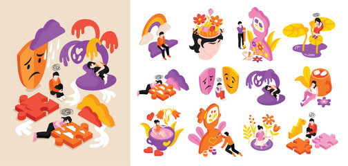 Mental health icons collection in isometric illustration