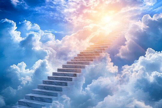 Stairway to heaven with sun rays and clouds high resolution image