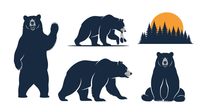 Collection of dark blue bear silhouettes in various poses alongside a forest tree line against a golden sunset.