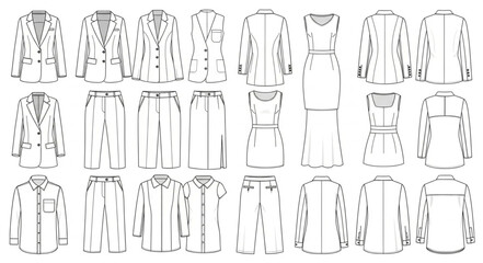 Fashion Design Sketches of Jackets and Dresses.